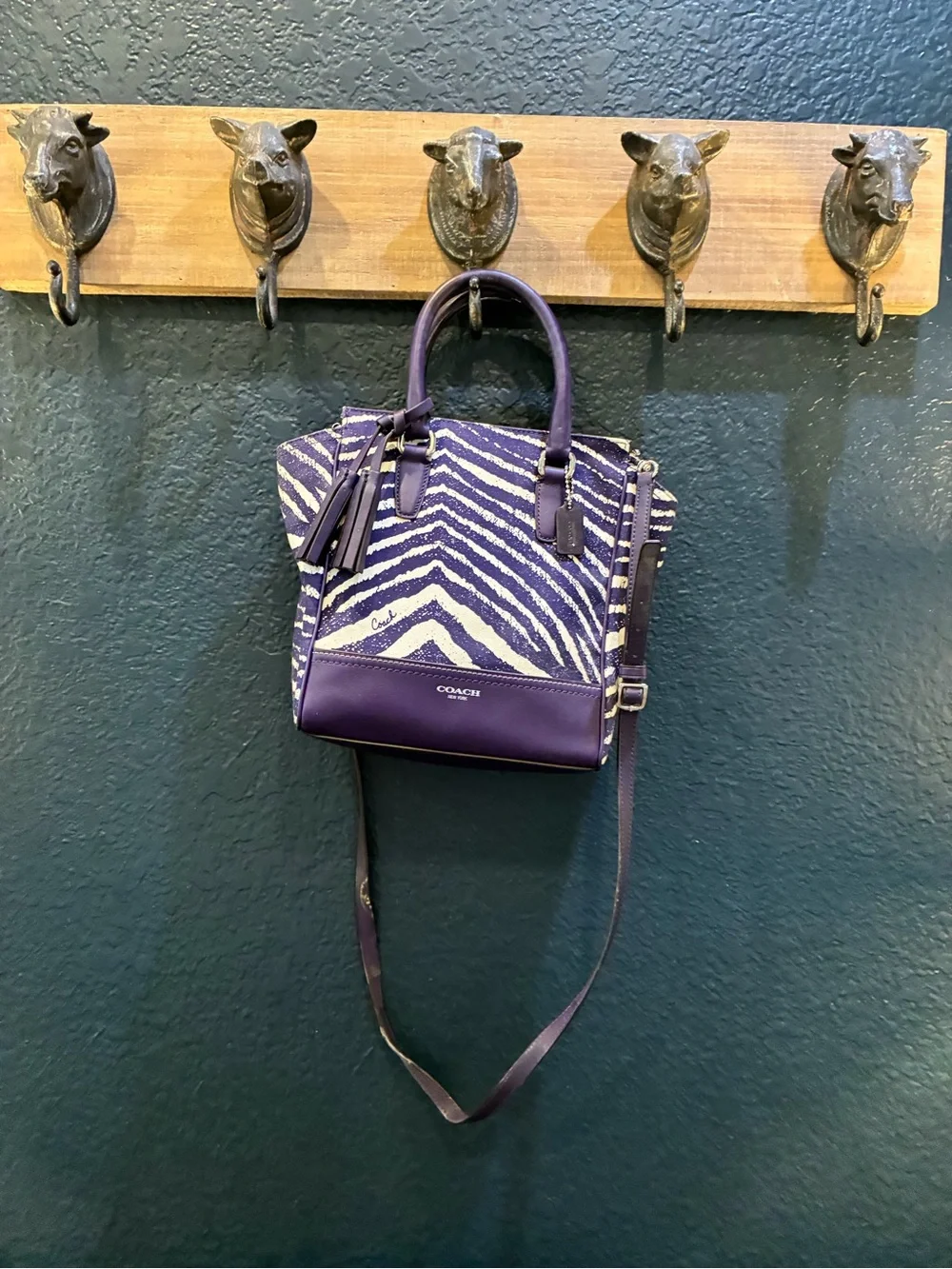 Coach Purple and White Zebra-Print Leather Satchel with Removable Strap